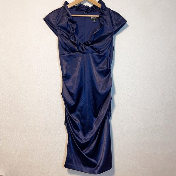 Vintage Y2K DJ-JAZ Navy Ruffle V-Neck Dress Size 14 - Picture 1 of 7